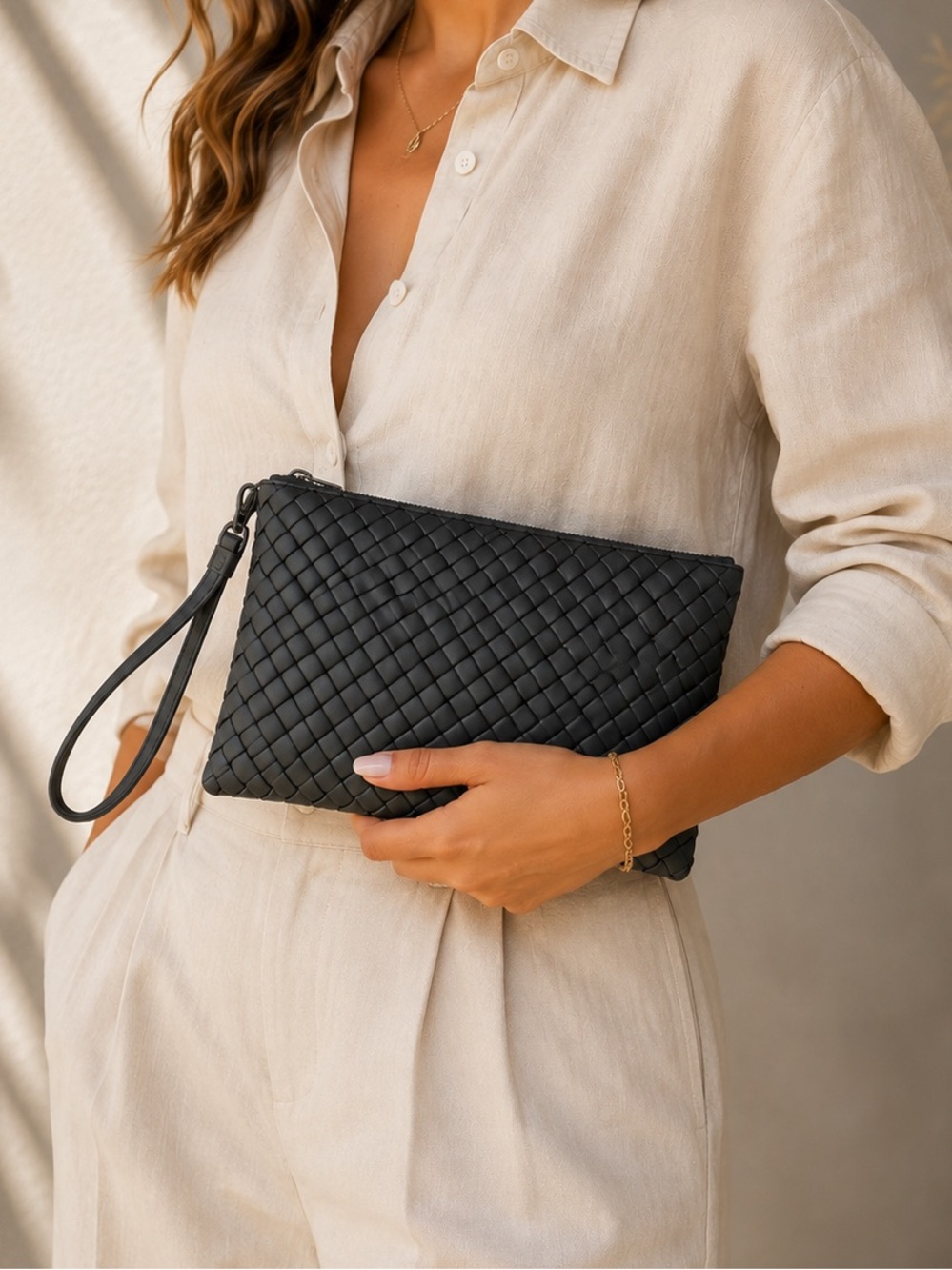 Dark Charcoal Woven Faux Leather Zip Wristlet Clutch Bag